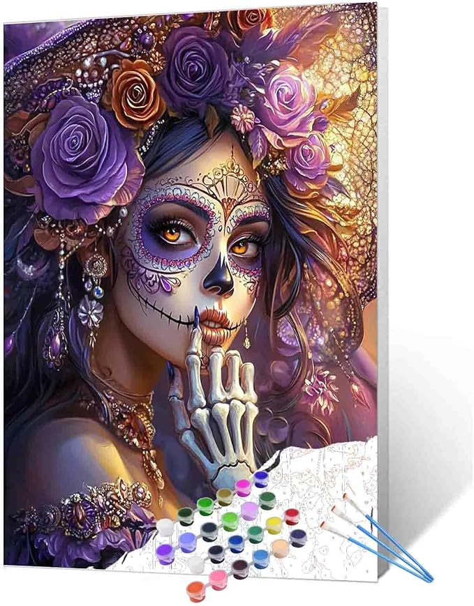 Tucocoo Day of The Dead Fantasy Sugar Skull Woman Paint by Numbers Purple Roses Skeleton Elegant Girl Paint by Number Kit for Adult, with Brushes and Acrylic Pigment 16''W X 20''H （Without Frame） - sugar skull nail art