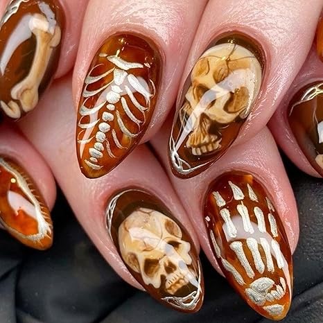Halloween Press on Nails Short Almond Fake Nails Brown with White Bone Skull designs Horror Stick on Nails Full Cover Glossy Reusable Acrylic Nails Artificial Nails Gel Glue on Nails for Women 24pcs聽 - sugar skull nail art