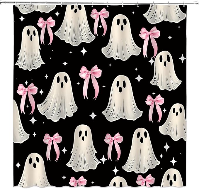 Halloween Ghost Shower Curtain,Cute Spooky Bow Festival Black White Pink Polyester Bathroom Curtain with 12 Hooks,Bathtub Home Decor,70x70 Inch - sugar skull shower curtain set