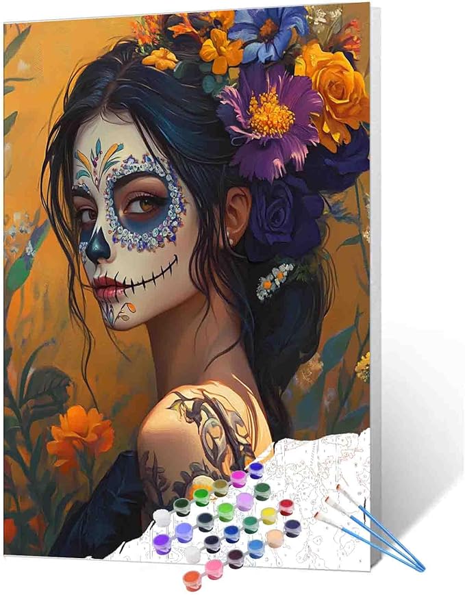 Day Of The Dead Sugar Skull Woman Paint By Number Mexican Festival Girl Floral Makeup Paint By Numbers Kits Adults Beginners Easy Painting Set For Home Decor Gift For Festival 16'' X 20'' (Frameless) - sugar skull makeup kit