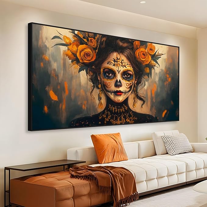 Mexican Sugar Skull Woman Canvas Wall Art, Dia De Los Muertos Canvas Art, Day of The Dead Wall Decor, Skeleton Poster, Horror Wall Decor, Female Floral Picture for Living Room (Black Framed, 48"x27" | 122x68cm) - sugar skull poster print