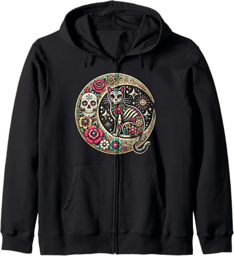 Day of Dead Sugar Cat Skeleton Skull tee for all - sugar skull zip up hoodie mens