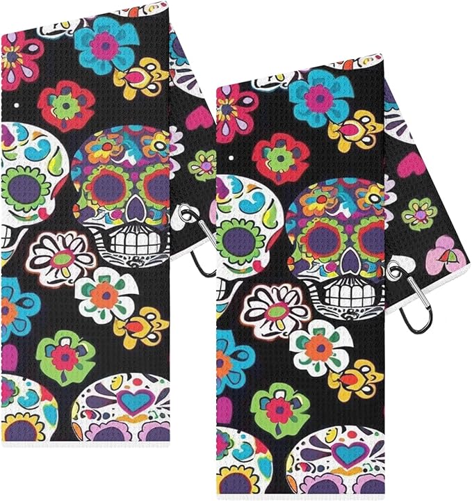 Golf Towel with Colorful Sugar Skull Floral Pattern, 23.6 x 15.7 inches, Microfiber Waffle Texture, with Carabiner Clip - sugar skull beach towel