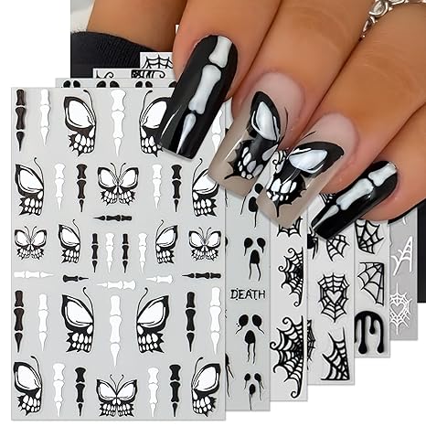Halloween Horror Nail Stickers, Death Terrifying Face Butterflies Skull Self-Adhesive 3D Nail Art Decals for DIY Black Spider Web Manicure (6 Sheets) - sugar skull nail art