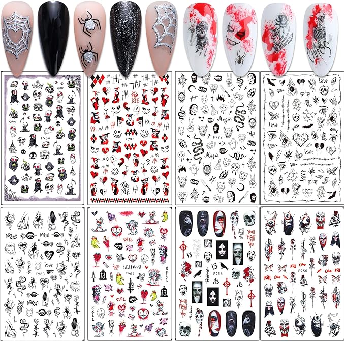 8 Sheets Halloween Nail Art Stickers Ghost Bat Abstract Lady Face Nail Stickers Skull Flame Designs Nail Decorations Halloween for Women Girls DIY Nail Art Supplies - sugar skull nail art