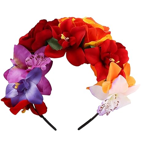 Mexican Rose Flower Crown Headband for Women Dark Day of The Dead Hair Accessory, Gothic Floral Headpiece for Día de los Muertos Costume Outfit - sugar skull flower crown