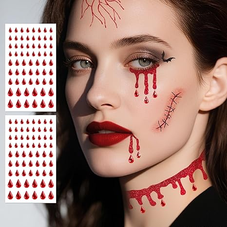 Leesgel Halloween Decorations- Glitter Vampire Face Temporary Tattoos with Self Adhesive Face Gems Perfect for Halloween Costumes, Makeup, Party Favors, Stickers, Goodie Bag Stuffers for Women Girls - sugar skull makeup kit