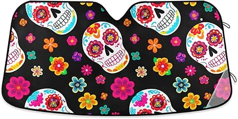 Sugar Skull Flowers Black Car Sun Shade for Front Windshield Sunshade Foldable Sun Visor for Car Windshield, Auto Sunshade for Sedan Hatchback Size S - sugar skull car sunshade for windshield