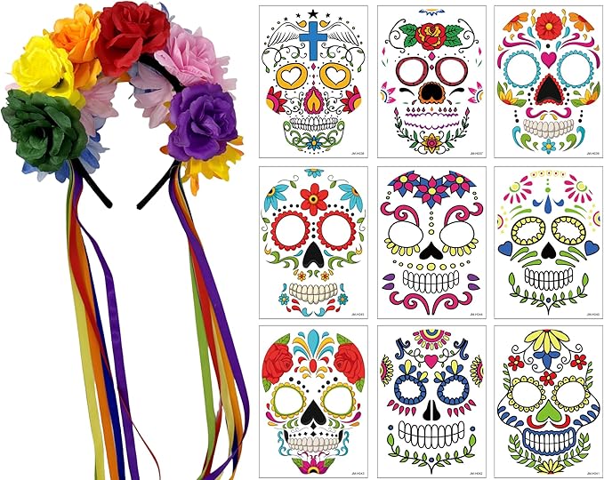 Day of the Dead Costume for Women - Floral Marigold Headpiece & 9 Sugar Skull Face Tattoos Set | Dia de Los Muertos & Halloween Accessories - sugar skull flower crown