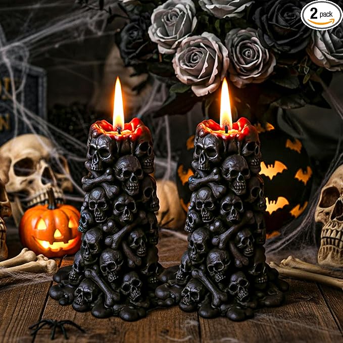 2 Pack Halloween Skull Candles Goth Bleeding Dripping Tower Candles Gothic Gifts Spooky Mothers Day Gifts Horror and Novelty Skeleton Head Bone Decorations for Home Party Table Decor(Black) - sugar skull candle holder