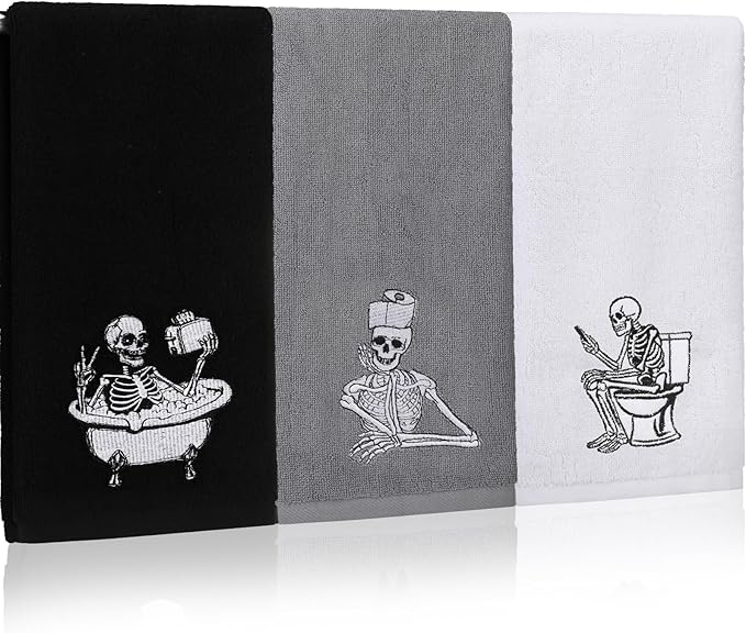 Breling 3 Pcs Halloween Skeleton Kitchen Hand Towels 13.3 x 29 Inch Towels for Bathroom Cotton Soft Embroidered Home Decoration 100% Cotton for Goth Kitchen Halloween Birthday Gifts - sugar skull beach towel