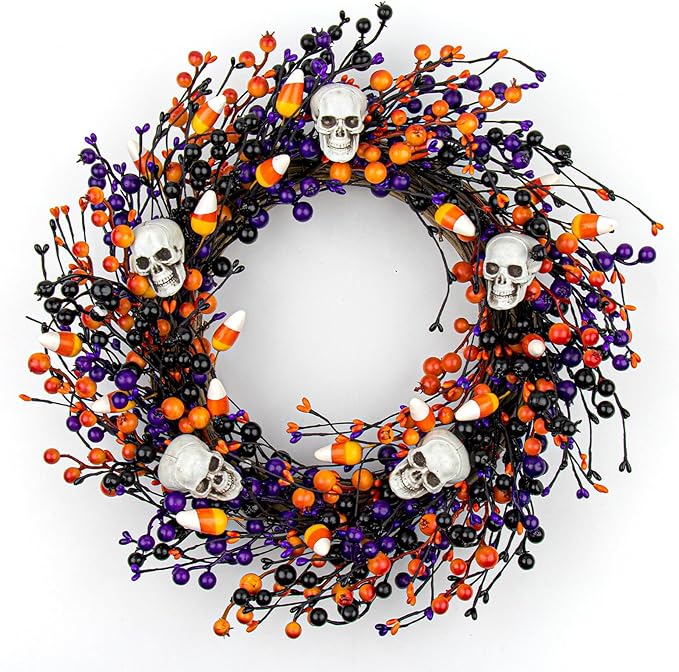 Halloween Wreaths for Front Door 20 Inch Halloween Wreath Artificial Skull Wreath with 3 Colors Berries and for Gothic Decorations - sugar skull wreath for front door