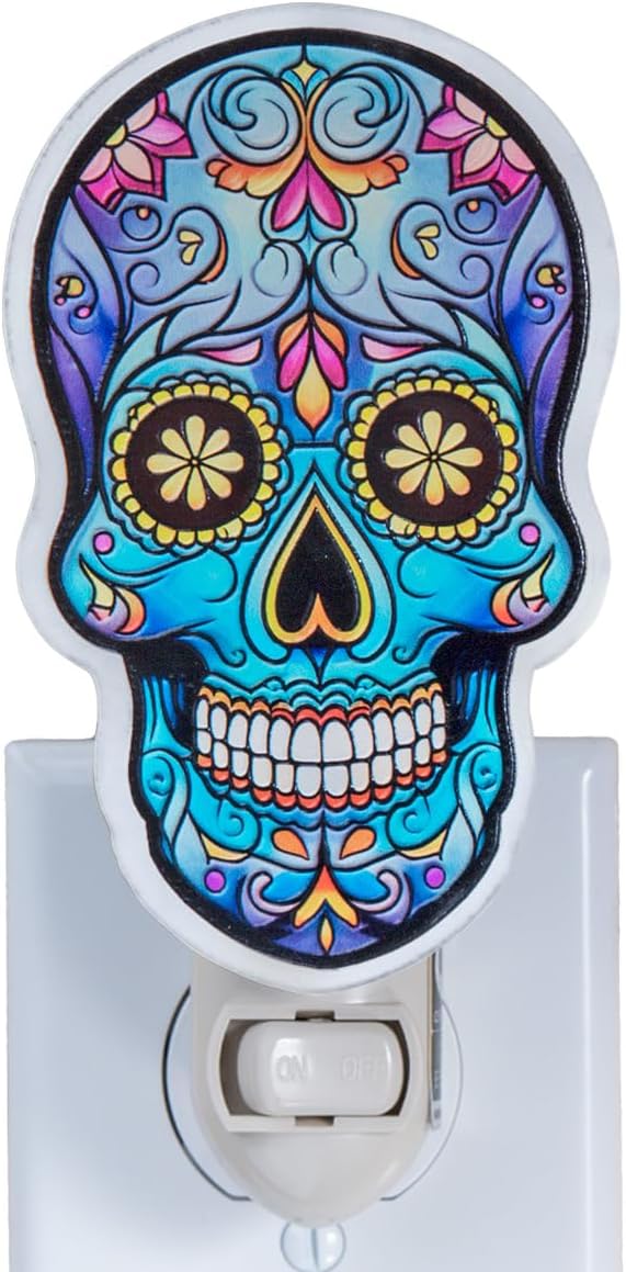 Day of The Dead Night Light Plug in – Sugar Skull Halloween Decor with Orange Marigolds, Stained Glass Styled Festival Light, Memorial Gift for Dia de Los Muertos or Mexican Celebration - sugar skull table lamp