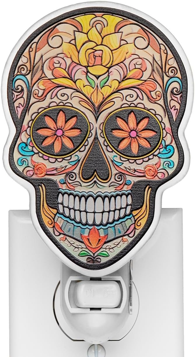 Sugar Skull Night Light Plug in – Stained Glass Styled Dia de Los Muertos Decor with Marigolds, Mexican Heritage Accent, Halloween Wall Light, Unique Gift for Day of The Dead (Pink & Yellow) - sugar skull table lamp