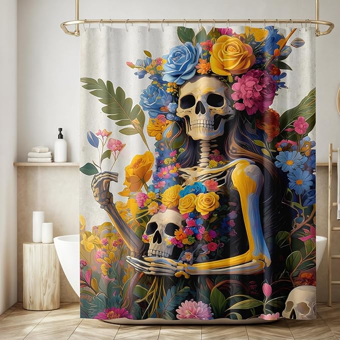 Gothic Skull Flower Shower Curtain Hallowwen Sugar Skulls with Colirful Floral Leaves,Woman Girl Fabric Bath Curtain Bathroom Accessories 70'Wx 70'H - sugar skull shower curtain set