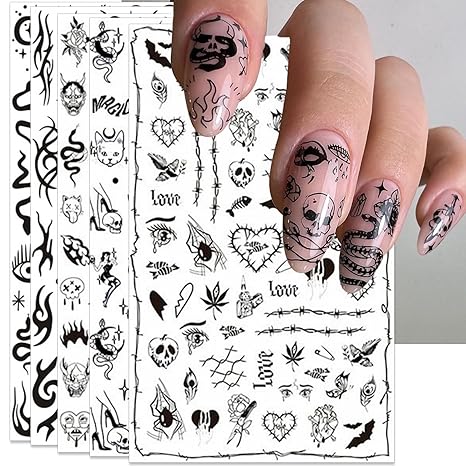 Gothic Nail Art Stickers - Halloween Black Snake Skull Fire Self-Adhesive 3D Nail Decals for DIY Punk Horror Manicure (5 Sheets) - sugar skull nail art