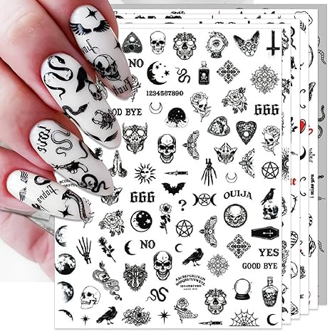 Snake Nail Art Stickers - Halloween Gothic Black Skull Self-Adhesive 3D Nail Decals for DIY Punk Horror Manicure (6 Sheets) - sugar skull nail art
