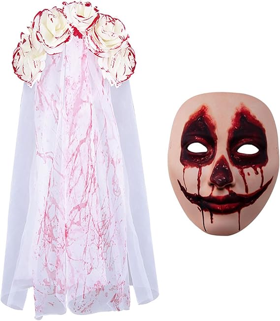 2 Pcs Halloween Day of the Dead Costume Set for Women, Rose Sugar Skull Full Face Mask Mexican Flower Crown Headband Veil Halloween Party Supplies - sugar skull flower crown