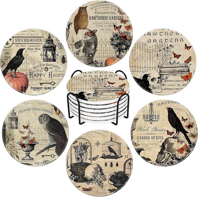 Whaline 6Pcs Halloween Coasters with Holder Vintage Owl Crow Skull Ceramic Drink Coasters Absorbent Cup Mat for Home Kitchen Party Table Protection - sugar skull coasters set