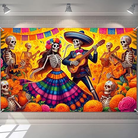 Dia de los Muertos Backdrop 71x43 Inch Polyester Day of the Dead Banner Sugar Skull Decor Halloween Decorations Mexican Fiesta Wall Hanging for Indoor Outdoor Party Supplies - sugar skull candle holder