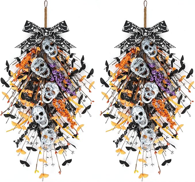 22" Halloween Wreaths for Front Door 2 PCS Halloween Teardrop Swag Black Skull Wreath with Candy Berries for Party Wall Porch Decor - sugar skull wreath for front door