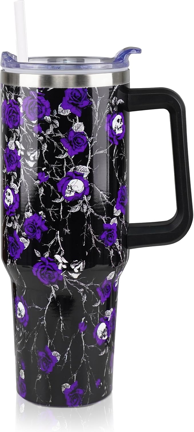 40 oz Halloween Tumbler with Lid and Straw, Stainless Steel Insulated Skull Tumbler 40 oz, Reusable Skull Flowers Cup with Leak Proof Lid, Halloween Gifts for Women - sugar skull coffee cup