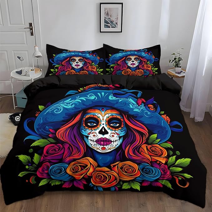 Mexican Sugar Skull Woman Duvet Cover California King Size 3-Piece Reversible Bedding, Black Quilt Cover with Zipper Closure and 4 Ties, Kids Adults Bedroom Bedding Set for All Seasons - sugar skull bedding set