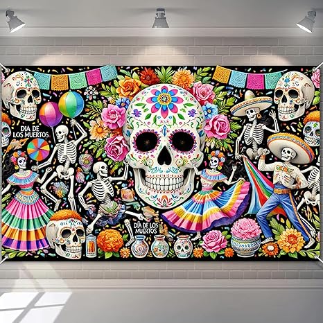 Dia de Los Muertos Banner 71x43 Inch Day of The Dead Decorations with Sugar Skull Skeleton Dancers Marigold Papel Picado Mexican Party Backdrop Indoor Outdoor - sugar skull candle holder