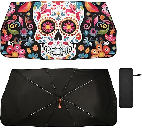 ALAZA Car Front Windshield Sunshade,Sugar Skulls and Colorful Flowers Sun Visor Umbrella,Foldable,Protect Interior & Keep Cool,Suitable Most Vehicles,58" x 29.7" - sugar skull car sunshade for windshield