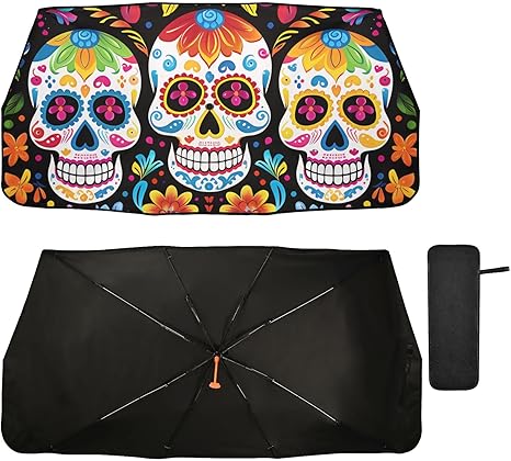 ALAZA Car Front Windshield Sunshade,Cute Sugar Skull with Flowers Sun Visor Umbrella,Foldable,Protect Interior & Keep Cool,Suitable Most Vehicles,58" x 29.7" - sugar skull car sunshade for windshield
