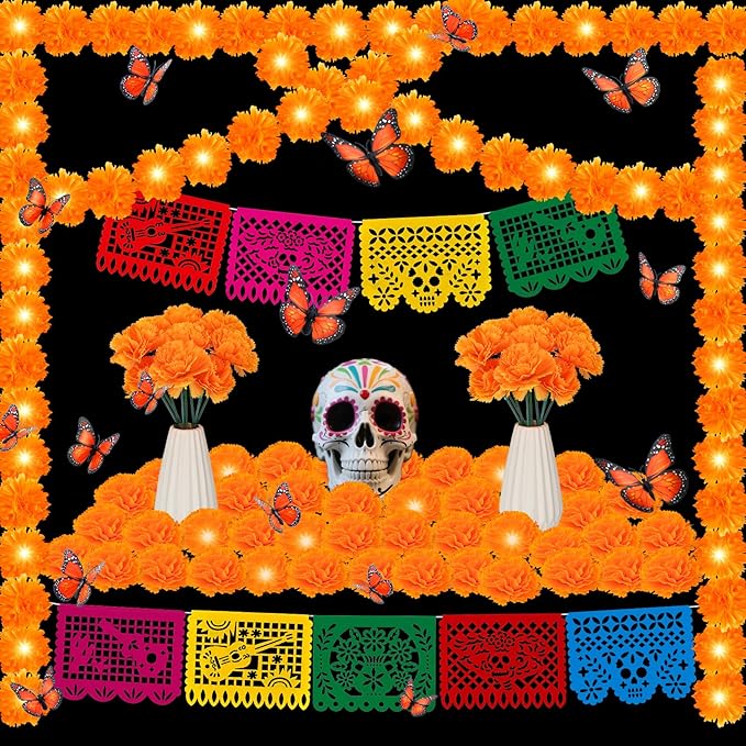 57pcs Day of The Dead Decor, 2 Marigold Garland, 20 Marigold Flowers, 18 Fake Butterfly, 9 Mexican Banner Papel Picado, 8 Sugar Skull for Indian Diwali Altar Dia De Los Muertos Decorations, Orange - sugar skull christmas decorations