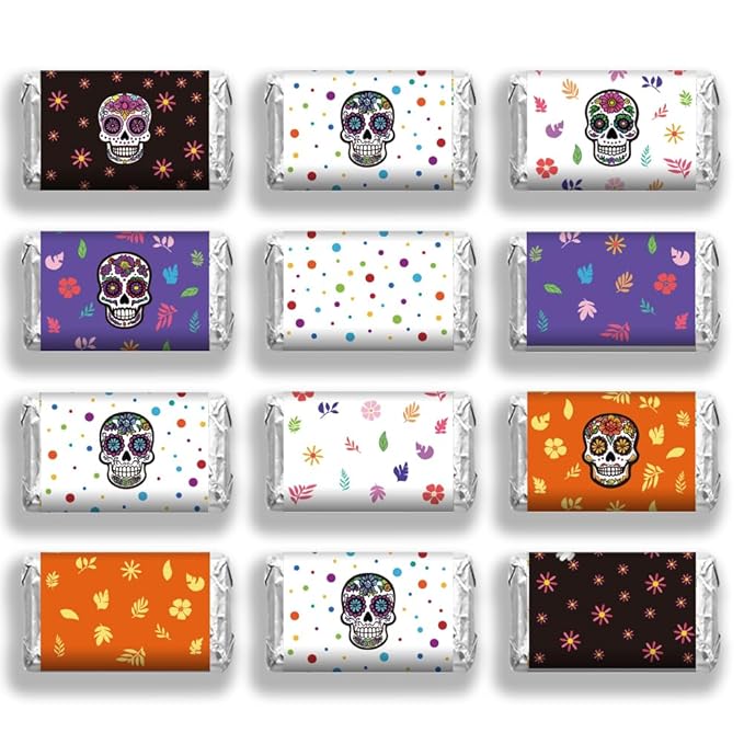 arricraft 120 Pcs Halloween Mini Candy Bar Wrapper Stickers, Flower Sugar Skull Candy Bar Miniatures Wrappers Chocolate Bar Label Stickers for Day of the Dead Party Decorations Supplies - sugar skull vinyl sticker
