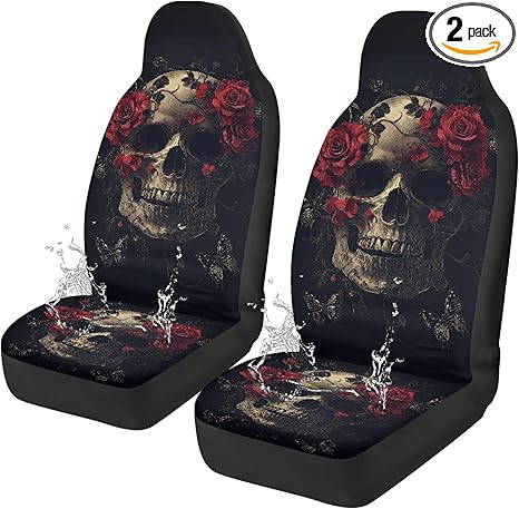 Gothic Skull Car Front Seat Covers Rose Waterproof Universal Front Seat Cover Black Removable Automotive Accessories Easy Installation Suitable for Cars, SUV and Trucks - sugar skull car seat covers set