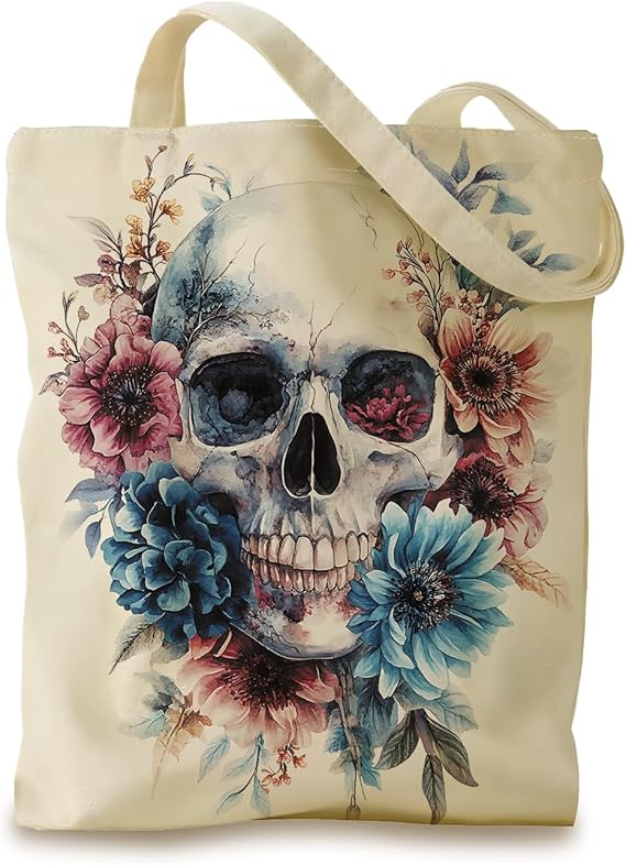 Aesthetic Canvas Tote Bag for Women - Sturdy Cloth Cotton Totes Bag with Pattern Shoulder Bag - canvas sugar skull tote bag