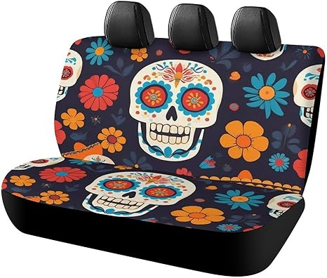 Car Seat Protector SUV Bench Seat Cover Fashion Decor, Dirt Proof Dog Car Back Seat Cover for Trucks SUV Day of The Dead Sugar Skulls and Flowers - sugar skull car pet seat cover