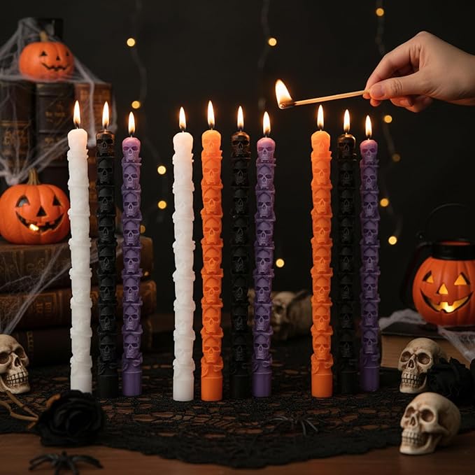 Nuanchu 12 Pack Halloween Skull Taper Candles 10 Inch Unscented Dripless Skeleton Candles for Halloween Party Decor, Table Centerpiece, Gothic Home Decoration, Spooky Gifts - sugar skull candle holder