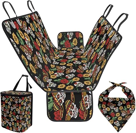 Boho Skull Flower Dog Car Back Seat Cover with Garbage Bag and Pet Bandana Soft Comfortable Pet Car Cover Back Seat Protector for Cars SUV Trucks - sugar skull car pet seat cover