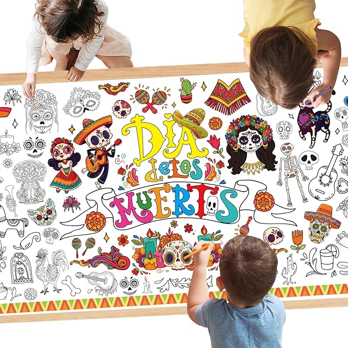 Dia De Los Muertos Decorations - 29.5 x 71 Inch Giant Mexican-themed Coloring Poster for Day of the Dead Party Decoration, Large Sugar Skull Painting Tablecloth Poster Suitable for Holiday Party Decor - sugar skull poster print
