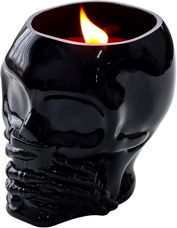 Skull Candle, Halloween Pumpkin Scented Candle 9.5OZ, Horrible Spooky Skeleton Head, Gothic Decor, Indoor Outdoor Halloween Table Centerpiece Decoration, Black - sugar skull candle holder