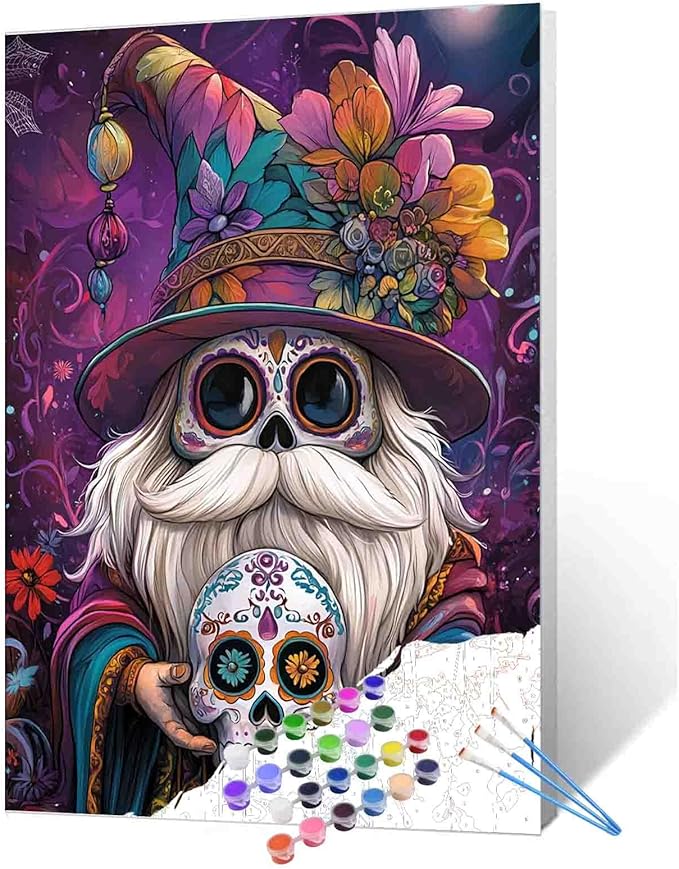 Aihonmin Gnome Halloween Paint by Numbers for Adults Beginner Sugar Skull Gnome Oil Painting Kits on Canvas with Brushes and Acrylic Painting Crafts DIY Home Wall Decor 16X20 Inch (Frameless - sugar skull nail art