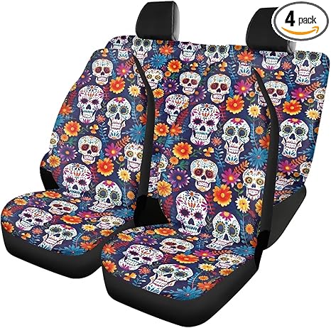 Sugar Skull Flower Print 4 Pieces Car Seat Cover Washable Front Seats and Rear Bench Seat Elastic Auto Interior Decoration for Auto Trucks Van SUV - sugar skull car seat covers set