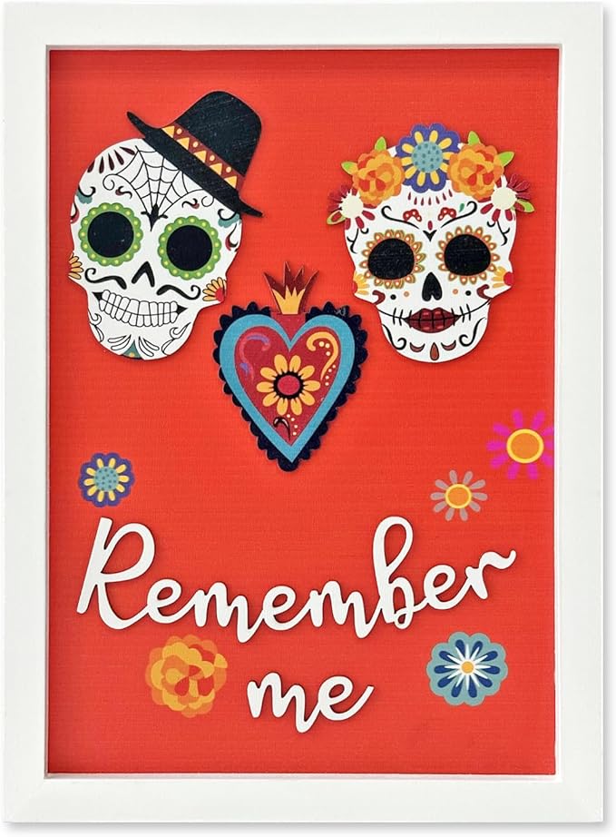 Pextian Dia De Los Muertos Decorations, Day of the Dead Decorations, 8x12 Inch Recuerdame Dia de Los Muertos Wood Sign for Ofrenda, dia de los muertos altar - sugar skull poster print