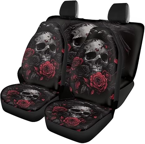 Skull Rose Car Seat Covers 4Pcs Automotive Front and Rear Seat Protector Accessories, Car Seat Cushions Seat Covers Universal Fit for Cars, SUVs,Trucks - sugar skull car pet seat cover