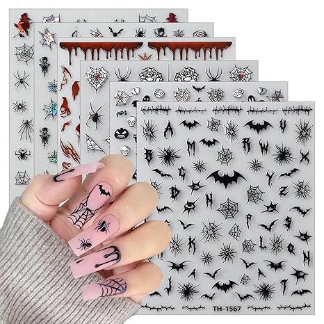 6 Sheets Halloween Nail Art Stickers Self Adhesive Horror Goth Nail Decals Bat Spiders Rose Spider Web Skull Ghost Nails Design Supplies Halloween Nails Decoration for Women Manicure Accessories - sugar skull nail art