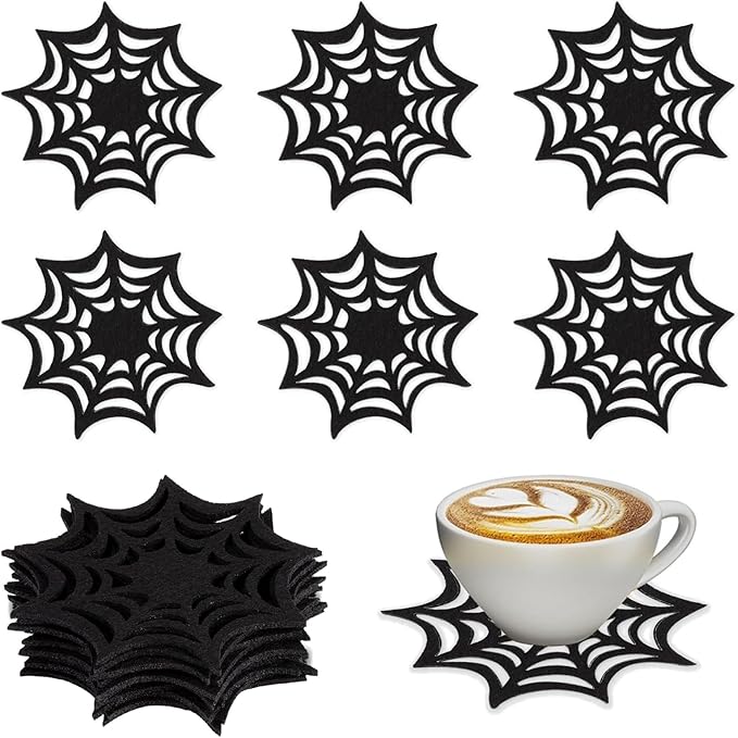 Black Spider Web Coaster, Halloween Coasters, Spooky Non-Woven Cup Mat Pad for Home Kitchen Office Bar Party Table Decoration Supplies(6Pcs) - sugar skull coasters set