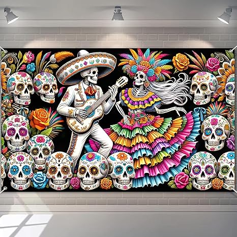 71x43 Inch Day of the Dead Banner Sugar Skull Couple Backdrop Dia de los Muertos Wall Decor Skeleton Music Scene for Halloween Mexican Party Altar Display Indoor Outdoor Use - sugar skull candle holder