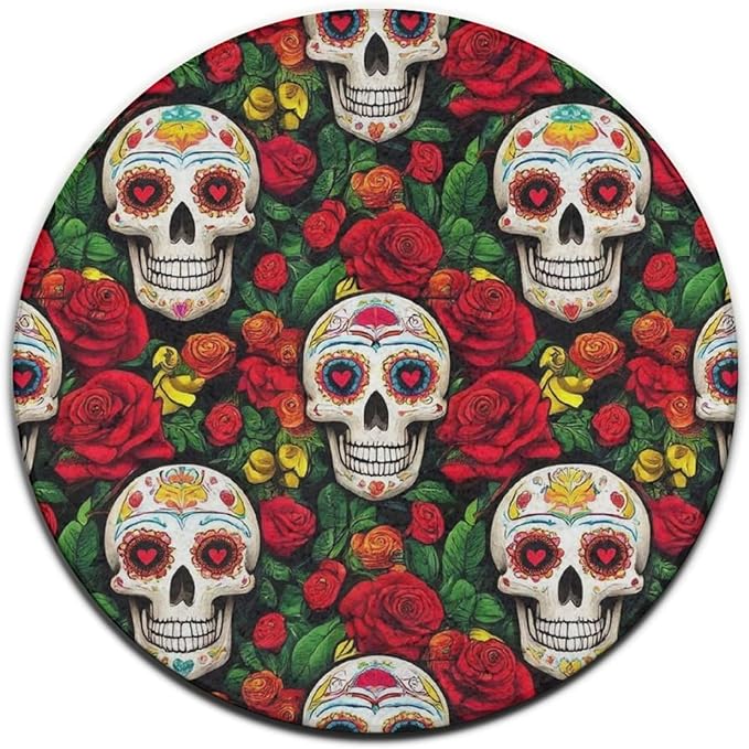 Large Round Area Rug, Fashion Home Decor Mat, Mexican Day Dead Rose Sugar Skulls Modern Sofa Yoga Circular Rug, 24inch - sugar skull yoga mat