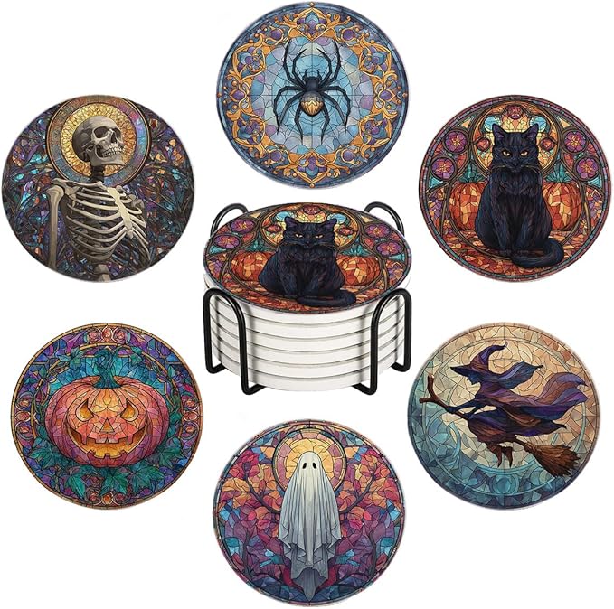 LOKMU Coasters for Drinks, Round Absorbent Ceramic Stone Coaster Sets of 6 with Metal Holder Stand, Stained Glass Halloween Pattern Coasters with Cork Base for Coffee Wooden Table, Housewarming Gifts - sugar skull coasters set