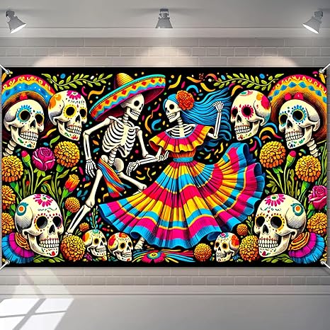 Day of The Dead Couple Banner 71x43 Inch Sugar Skull Dance Backdrop Dia de Los Muertos Wall Decoration for Halloween Mexican Festival Altar Decor Indoor Outdoor Display - sugar skull candle holder
