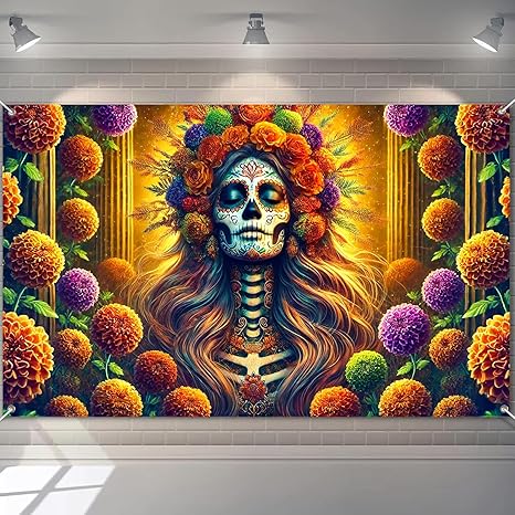 Day of The Dead Banner 71x43 Inch La Catrina Wall Decoration Halloween Sugar Skull Backdrop Dia de Los Muertos Altar Decor Skeleton Floral Background for Indoor Outdoor Celebration - sugar skull canvas wall art
